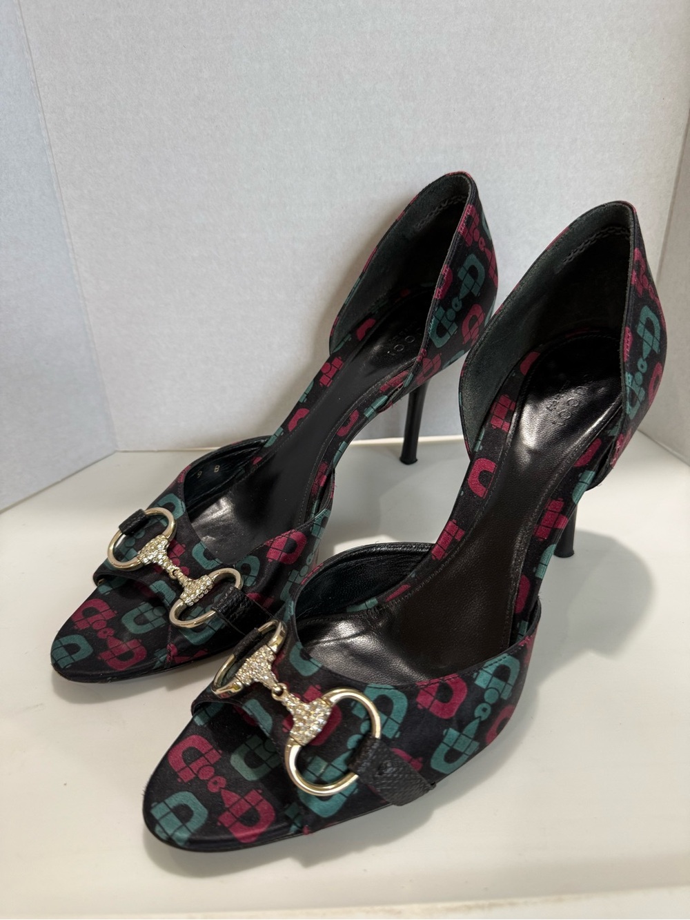 GUCCI Horsebit Black Teal Cranberry Patter D'Orsay Heels with Gold Crystal Bits